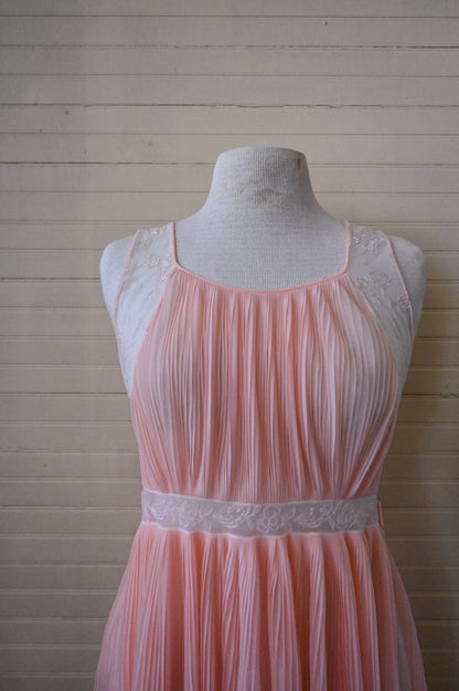 Vintage peignoir gown Rogers run proof 32 peachy pink nightgown sleeveless long maxi ankle length sheer pleated scoop neck floral lace waist ties romantic 60s