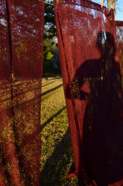 Vintage curtains set of 4 burgundy red floral lace dark moody romantic gothic rod pocket long panels country farmhouse Victorian style