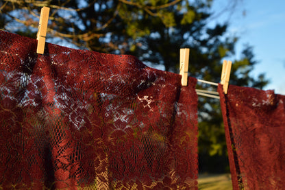 Vintage curtains set of 4 burgundy red floral lace dark moody romantic gothic rod pocket long panels country farmhouse Victorian style