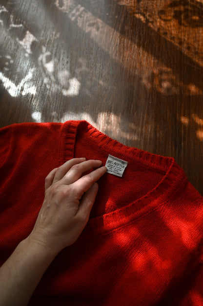 Vintage sweater medium red acrylic knit long sleeve v neckline pullover ribbed waist 60s 70 simple basic