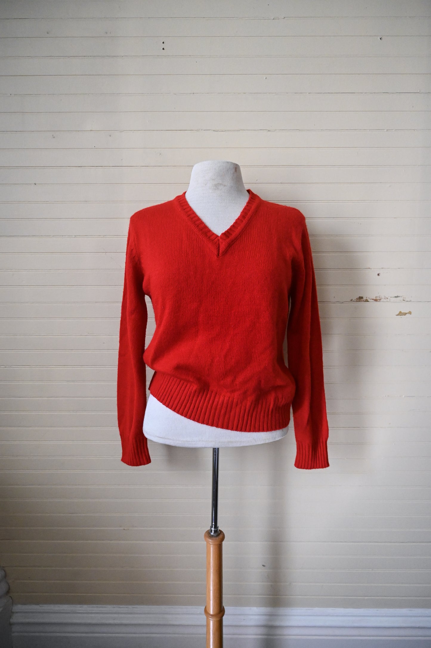 Vintage sweater medium red acrylic knit long sleeve v neckline pullover ribbed waist 60s 70 simple basic