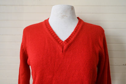 Vintage sweater medium red acrylic knit long sleeve v neckline pullover ribbed waist 60s 70 simple basic