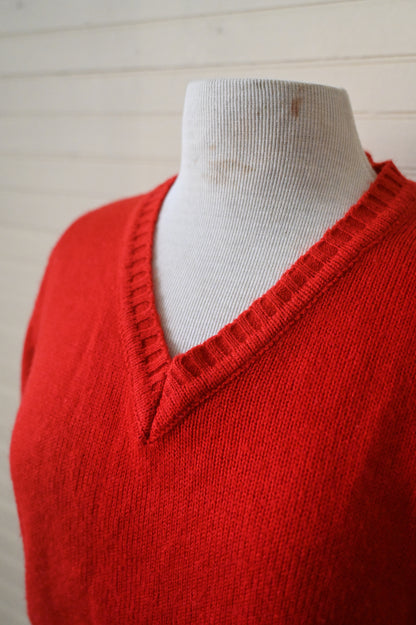 Vintage sweater medium red acrylic knit long sleeve v neckline pullover ribbed waist 60s 70 simple basic