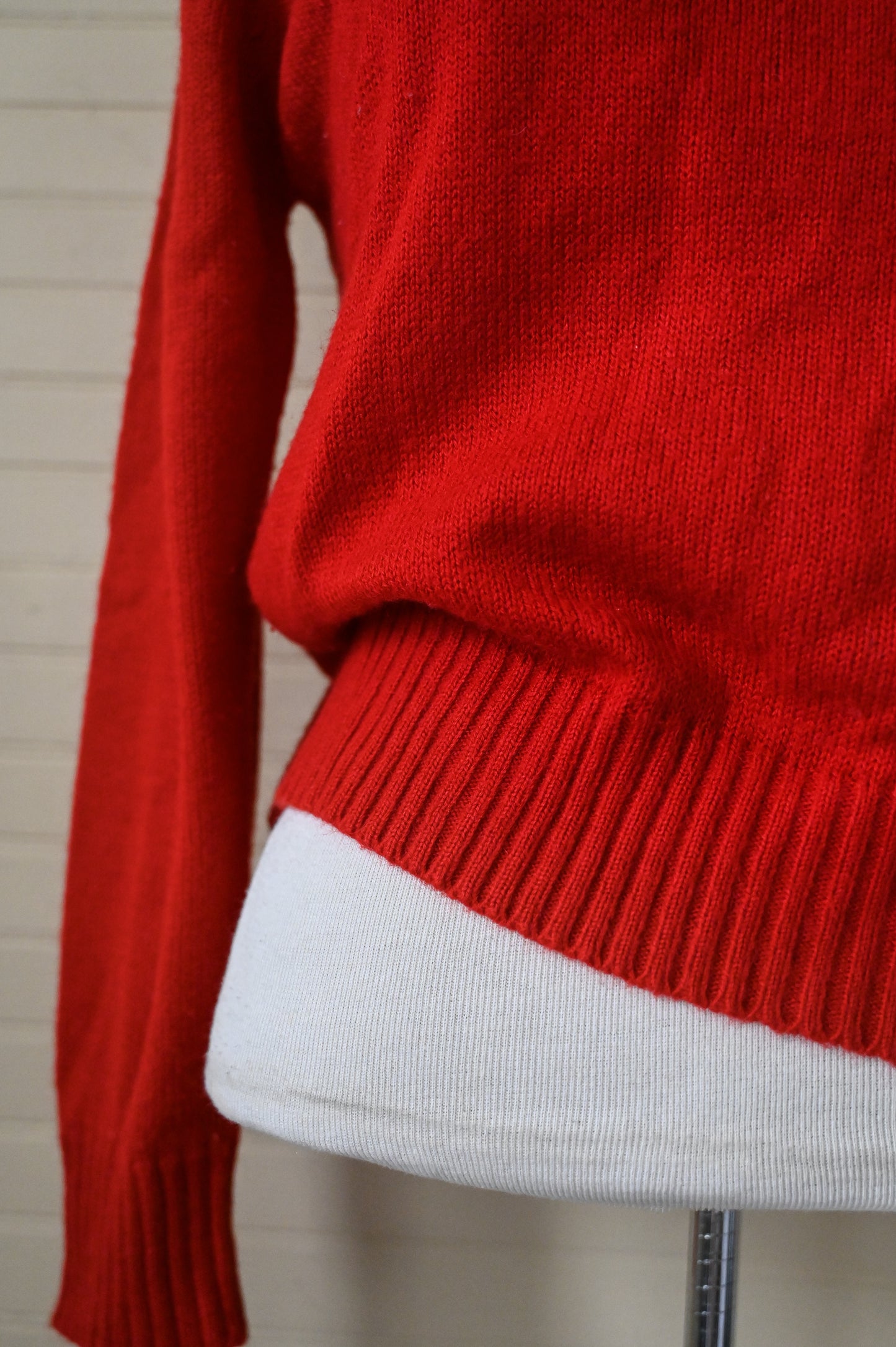 Vintage sweater medium red acrylic knit long sleeve v neckline pullover ribbed waist 60s 70 simple basic