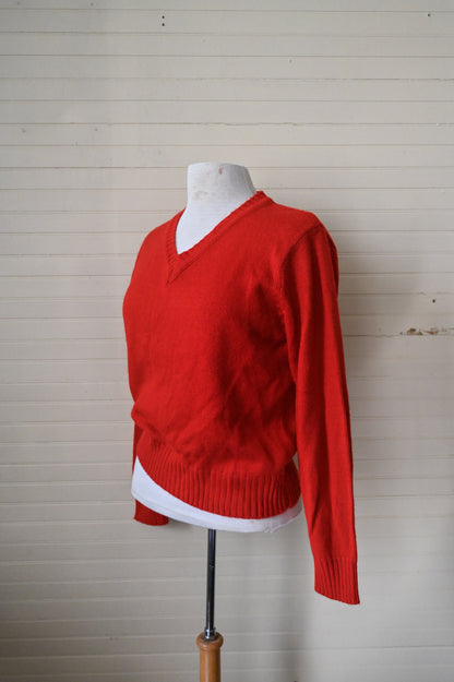 Vintage sweater medium red acrylic knit long sleeve v neckline pullover ribbed waist 60s 70 simple basic