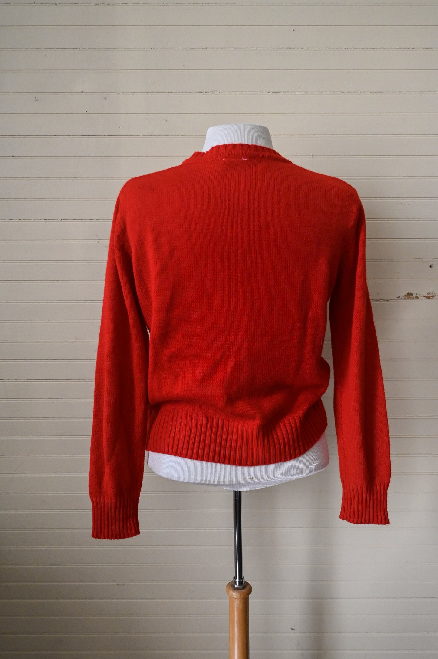 Vintage sweater medium red acrylic knit long sleeve v neckline pullover ribbed waist 60s 70 simple basic