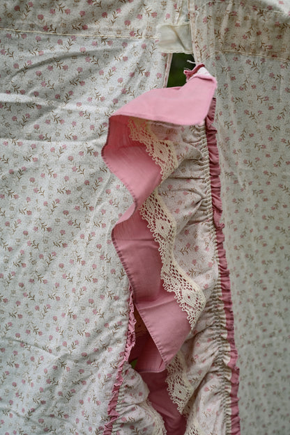 Vintage curtains, set of 4 long panels pink cream brown floral ruffle lace trim 80s rod pocket insert girly country farmhouse cottagecore granny shabby chic