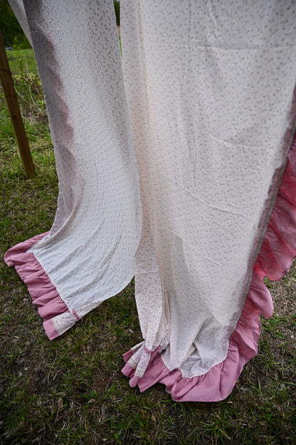 Vintage curtains, set of 4 long panels pink cream brown floral ruffle lace trim 80s rod pocket insert girly country farmhouse cottagecore granny shabby chic
