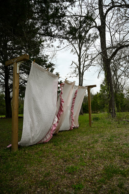 Vintage curtains, set of 4 long panels pink cream brown floral ruffle lace trim 80s rod pocket insert girly country farmhouse cottagecore granny shabby chic