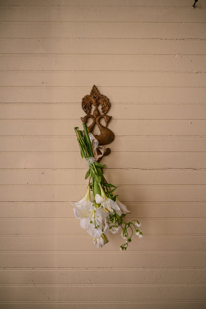 Vintage brass wall hook, patina small peacock bird fruit floral decorative vintage antique metal filigree country farmhouse cottagecore Victorian style