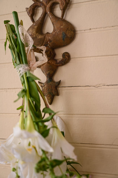 Vintage brass wall hook, patina small peacock bird fruit floral decorative vintage antique metal filigree country farmhouse cottagecore Victorian style