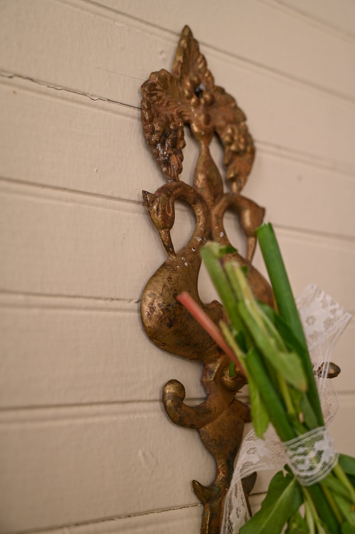 Vintage brass wall hook, patina small peacock bird fruit floral decorative vintage antique metal filigree country farmhouse cottagecore Victorian style