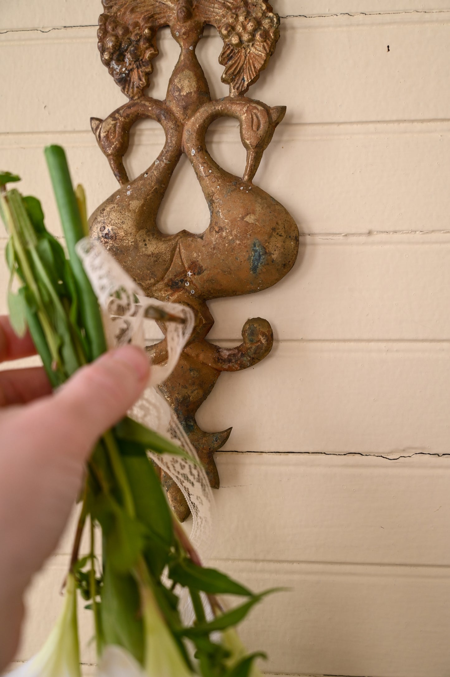 Vintage brass wall hook, patina small peacock bird fruit floral decorative vintage antique metal filigree country farmhouse cottagecore Victorian style