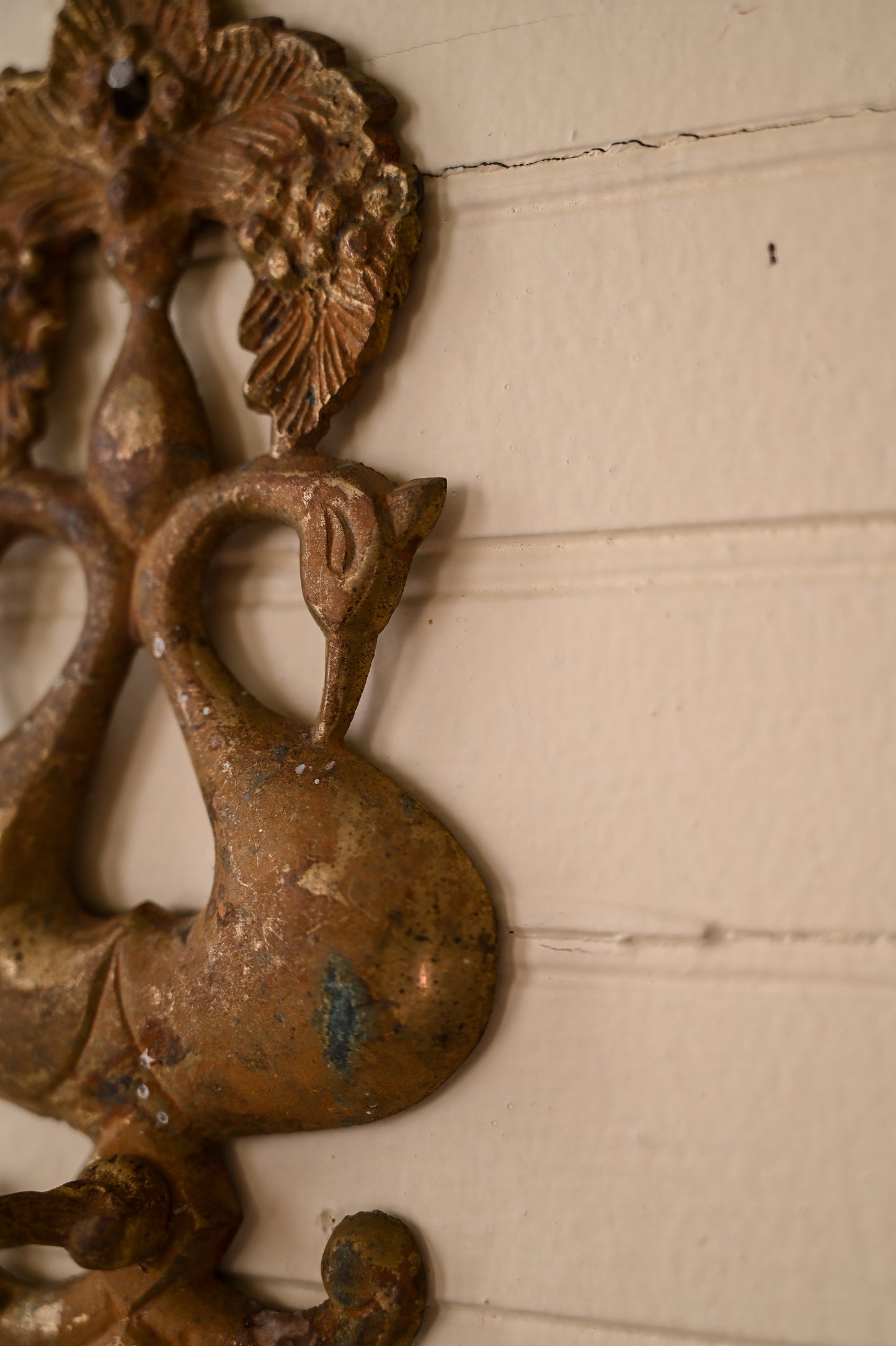 Vintage brass wall hook, patina small peacock bird fruit floral decorative vintage antique metal filigree country farmhouse cottagecore Victorian style