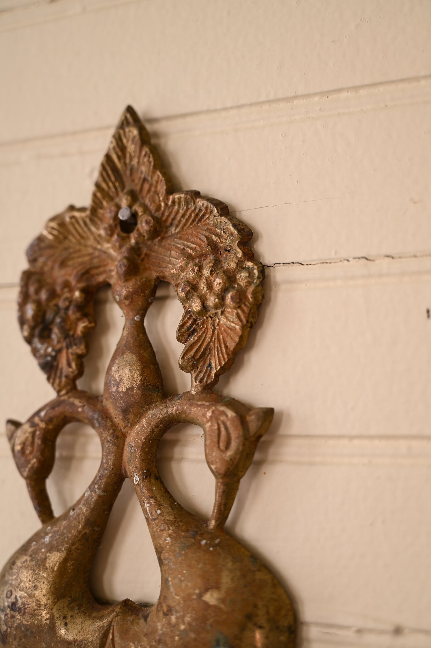 Vintage brass wall hook, patina small peacock bird fruit floral decorative vintage antique metal filigree country farmhouse cottagecore Victorian style