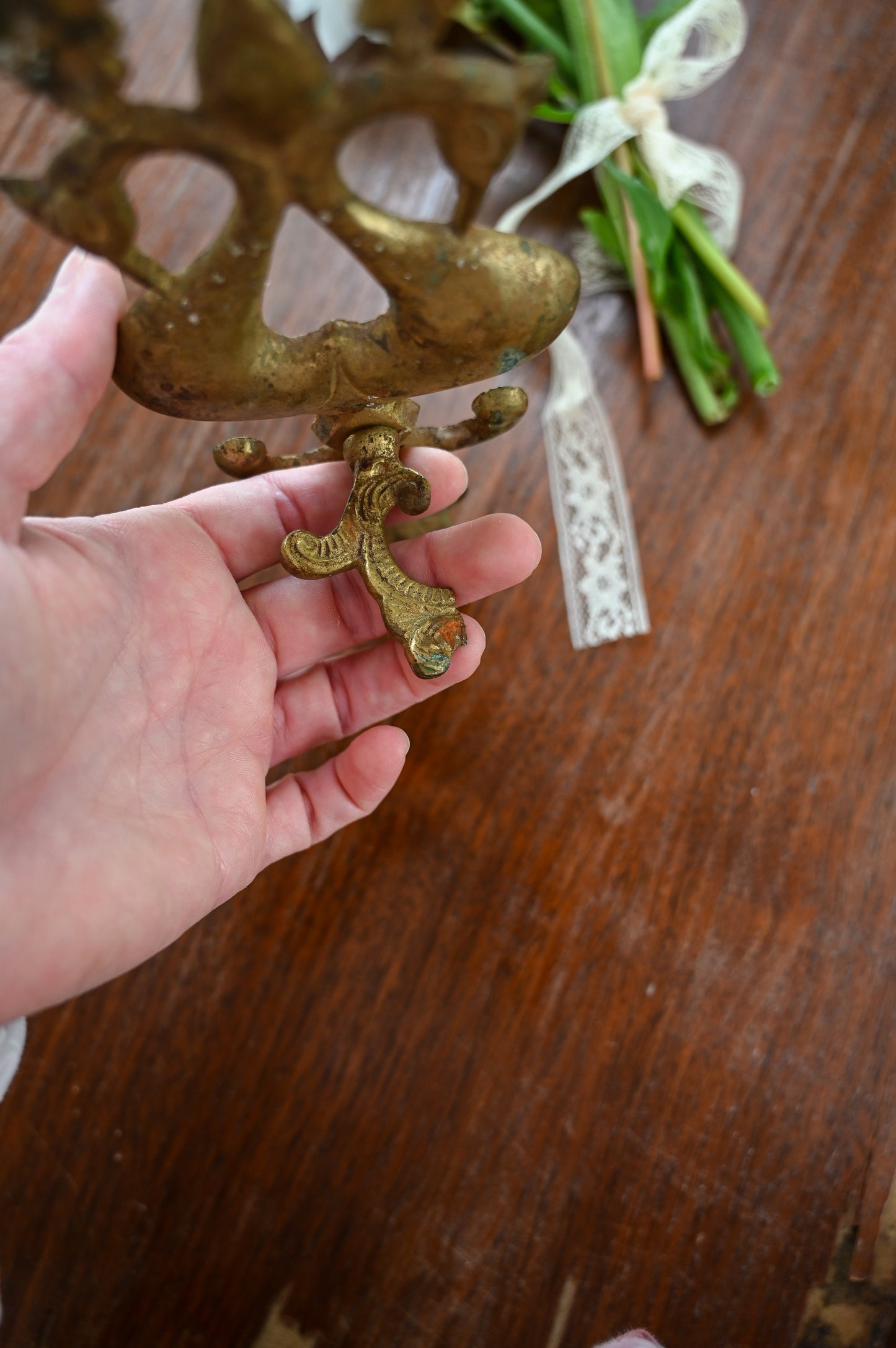 Vintage brass wall hook, patina small peacock bird fruit floral decorative vintage antique metal filigree country farmhouse cottagecore Victorian style