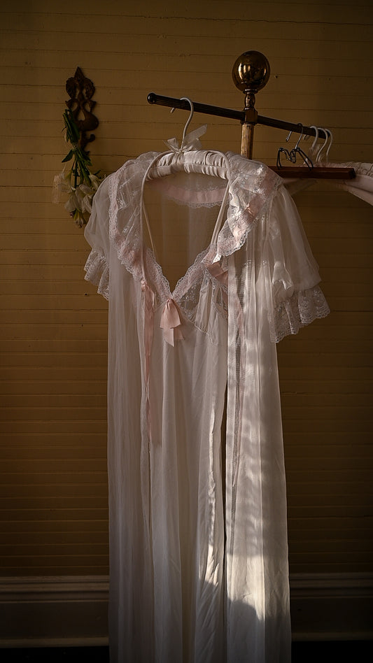 Vintage peignoir set, Val Mode small white pink floral lace nightgown robe maxi ankle length straps satin ribbon short sleeves sheer romantic feminine cottagecore lingerie ruffle