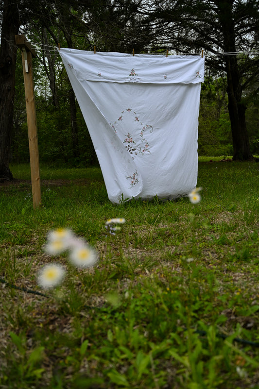 Vintage shower curtain, handmade embroidered cross stitch floral tiered swag Victorian style country farmhouse cottagecore granny shabby chic eyelet lace romantic feminine