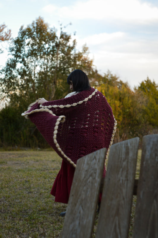 Vintage blanket maroon white handmade crochet scallop edge small personal throw accent cottagecore granny chic grandmillennial shabby chic country farmhouse afghan lap coverlet