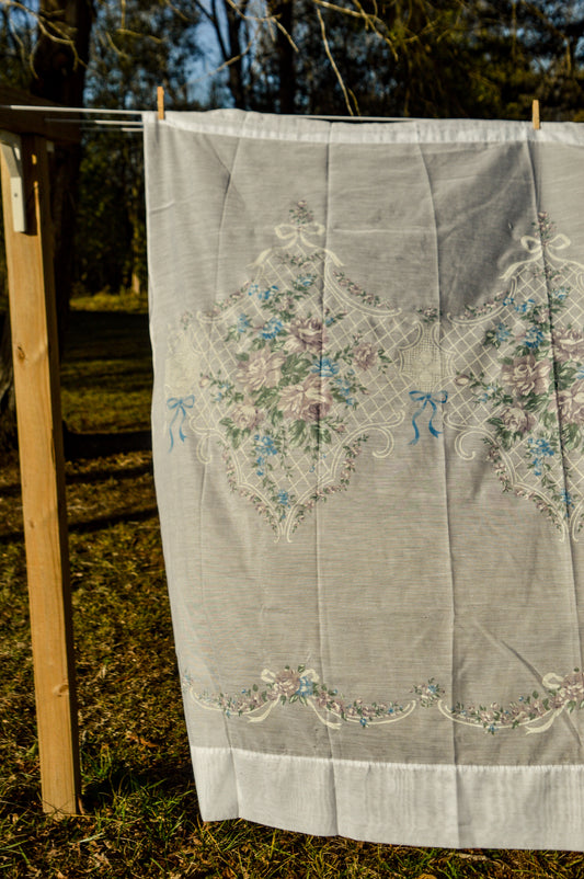 Vintage curtains set of 2 short panels wide rod pocket sheer floral bow lattice white blue purple green feminine cottagecore granny chic grandmillennial shabby chic country farmhouse