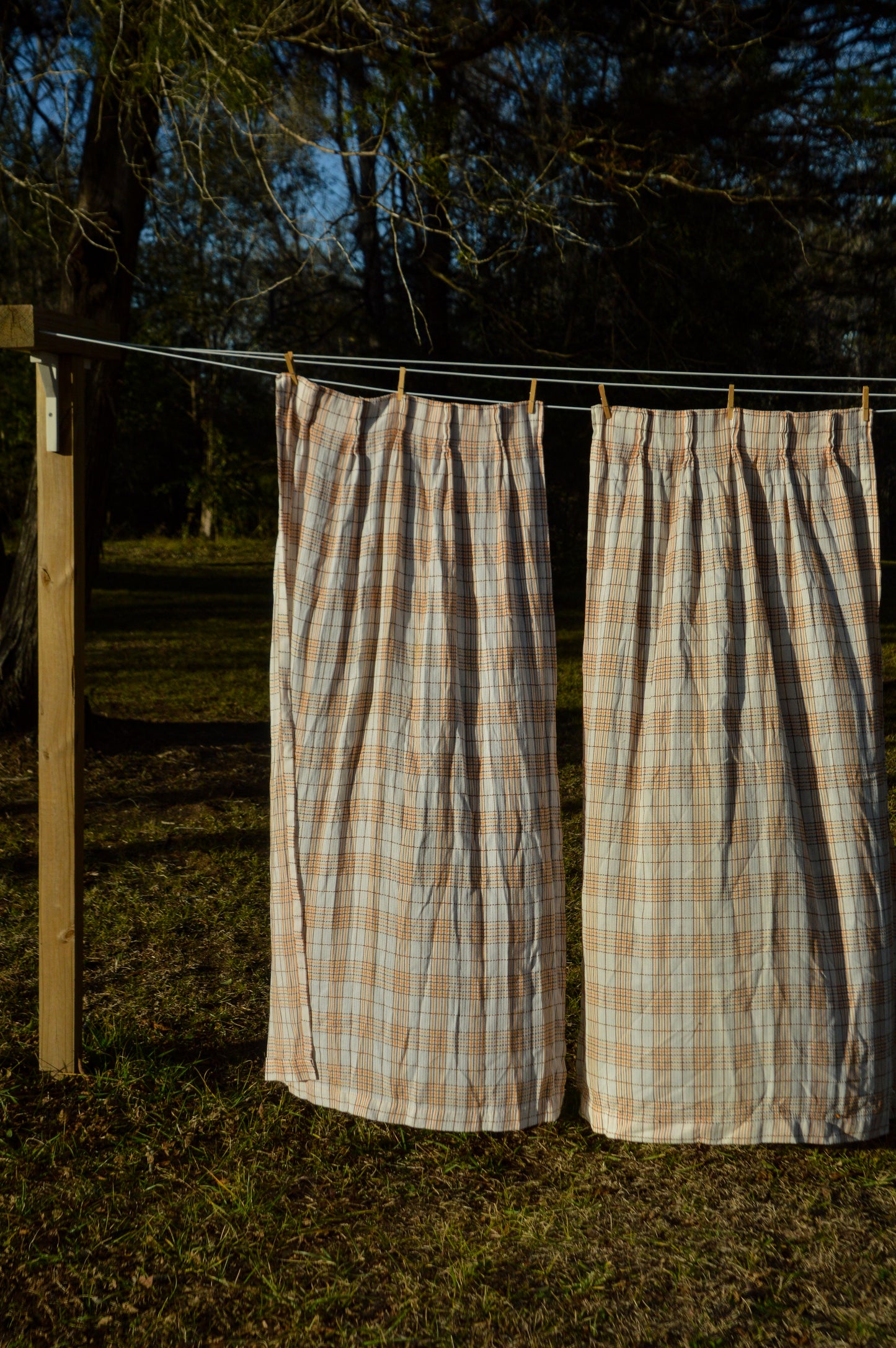 Vintage curtains Sears set of 2 panels 70s pinch pleat plaid orange brown woven white retro mod MCM boho bohemian