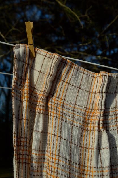 Vintage curtains Sears set of 2 panels 70s pinch pleat plaid orange brown woven white retro mod MCM boho bohemian