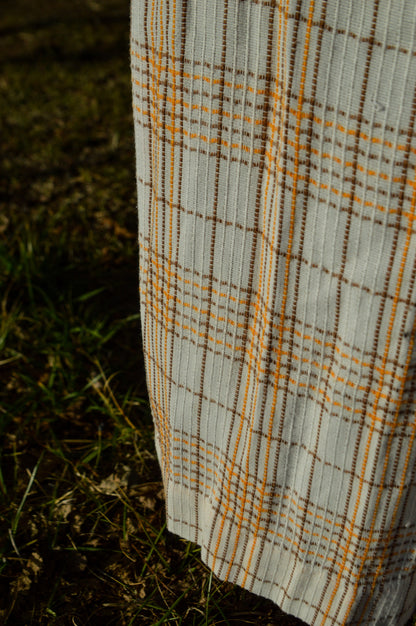 Vintage curtains Sears set of 2 panels 70s pinch pleat plaid orange brown woven white retro mod MCM boho bohemian