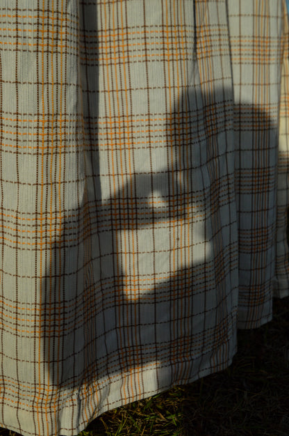 Vintage curtains Sears set of 2 panels 70s pinch pleat plaid orange brown woven white retro mod MCM boho bohemian