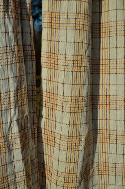 Vintage curtains Sears set of 2 panels 70s pinch pleat plaid orange brown woven white retro mod MCM boho bohemian