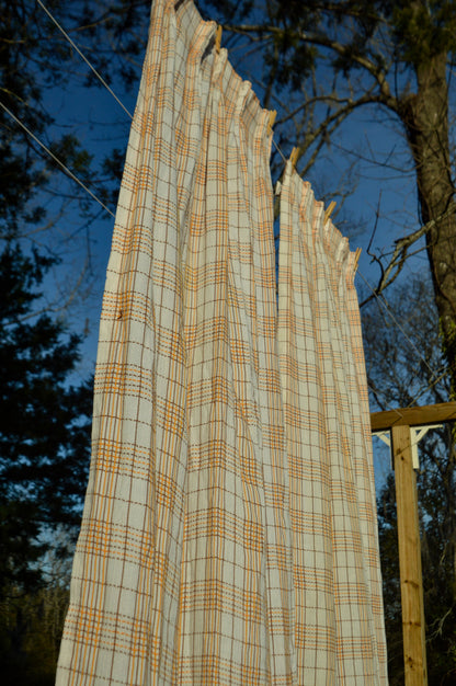 Vintage curtains Sears set of 2 panels 70s pinch pleat plaid orange brown woven white retro mod MCM boho bohemian