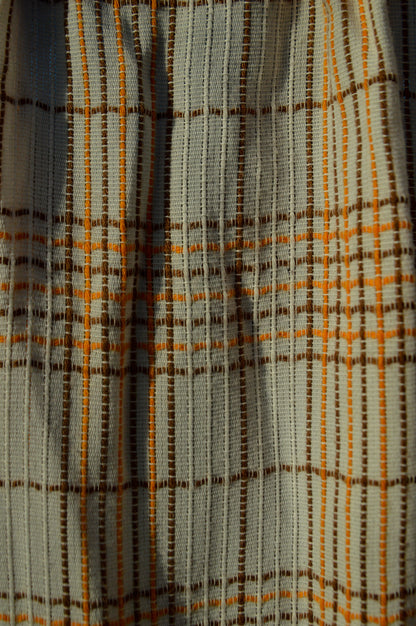 Vintage curtains Sears set of 2 panels 70s pinch pleat plaid orange brown woven white retro mod MCM boho bohemian