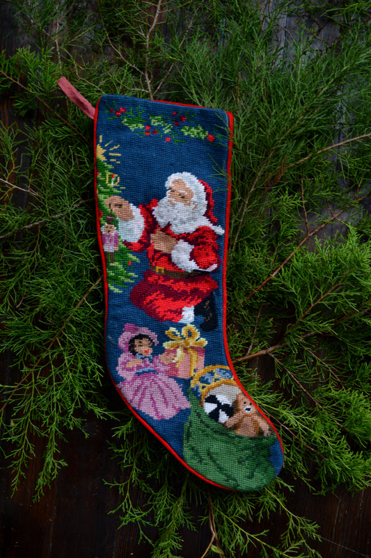 Vintage stocking Santa Claus babydoll bear sack toys gifts tree red green navy lined loop holiday decor Christmas velvet Victorian cottagecore romantic