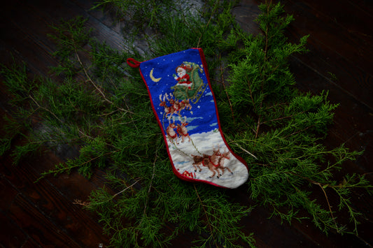 Vintage stocking needlepoint embroidered Santa Claus sleigh reindeer snow nighttime holiday decor Christmas red navy green velvet lined loop Victorian cottagecore romantic