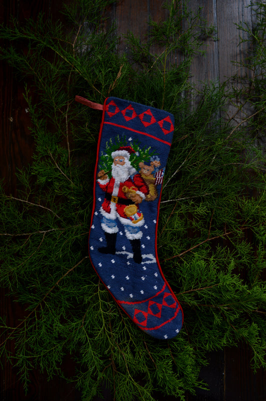 Vintage stocking Santa Claus sack bear tree gifts toys snow blue red green needlepoint embroidered lined loop velvet holiday decor Christmas Victorian cottagecore romantic