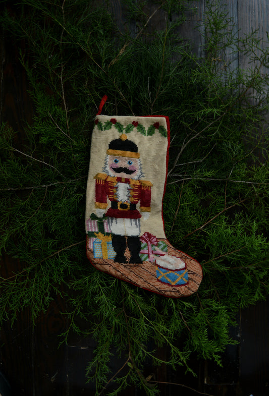 Vintage stocking Nutcracker needlepoint embroidered gifts holiday decor Christmas red green blue lined loop velvet Victorian cottagecore romantic