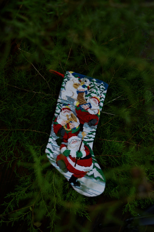 Vintage stocking marching band instruments Santa Clauses polar bear tree needlepoint embroidered red blue green lined loop cotton acrylic holiday decor Christmas child