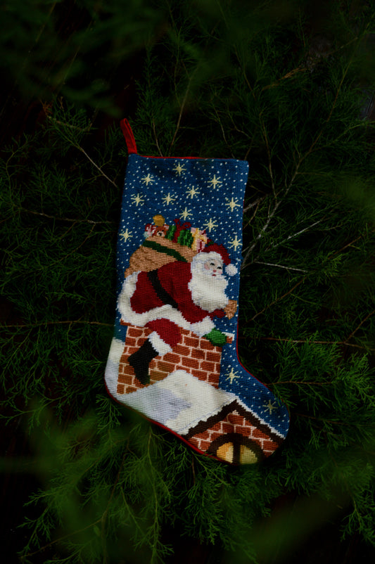 Vintage stocking Santa Claus chimney sack toys gifts starry night snow red blue brown needlepoint embroidered lined loop velvet wool cotton handmade holiday decor Christmas Victorian cottagecore romantic