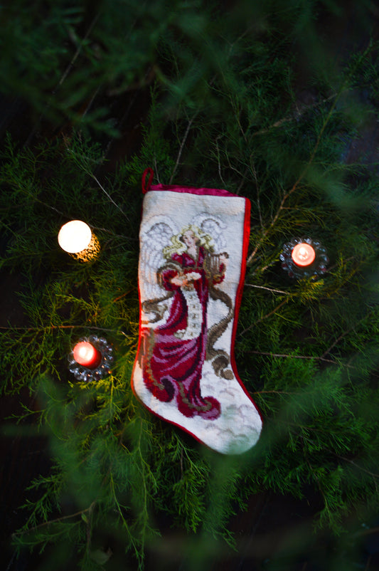 Vintage stocking needlepoint embroidered angel wings harp scroll jewel tones burgundy brown red velvet holiday decor Christmas lined looped Victorian cottagecore romantic