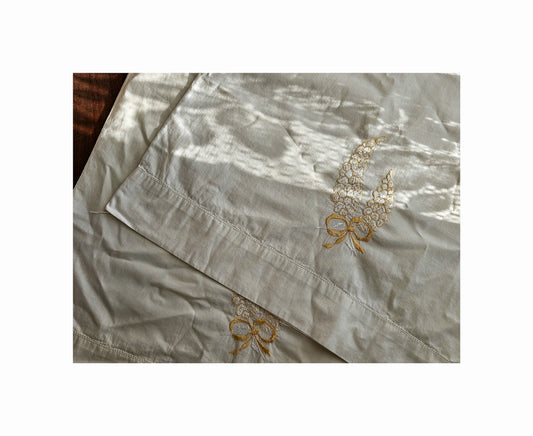 Vintage pillowcases, set of 2 matching pair white gold embroidered floral bow standard size cottagecore Victorian country farmhouse shabby