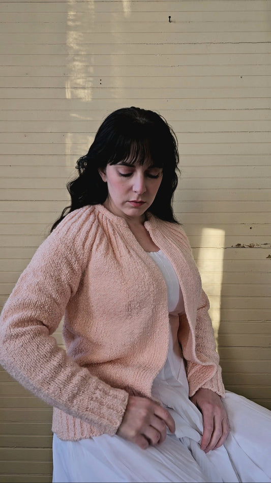 Vintage cardigan Le Chois small pink women long sleeve knit acrylic crew neck ribbed chunky sweater open front cottagecore granny chic shabby chic grandmillennial