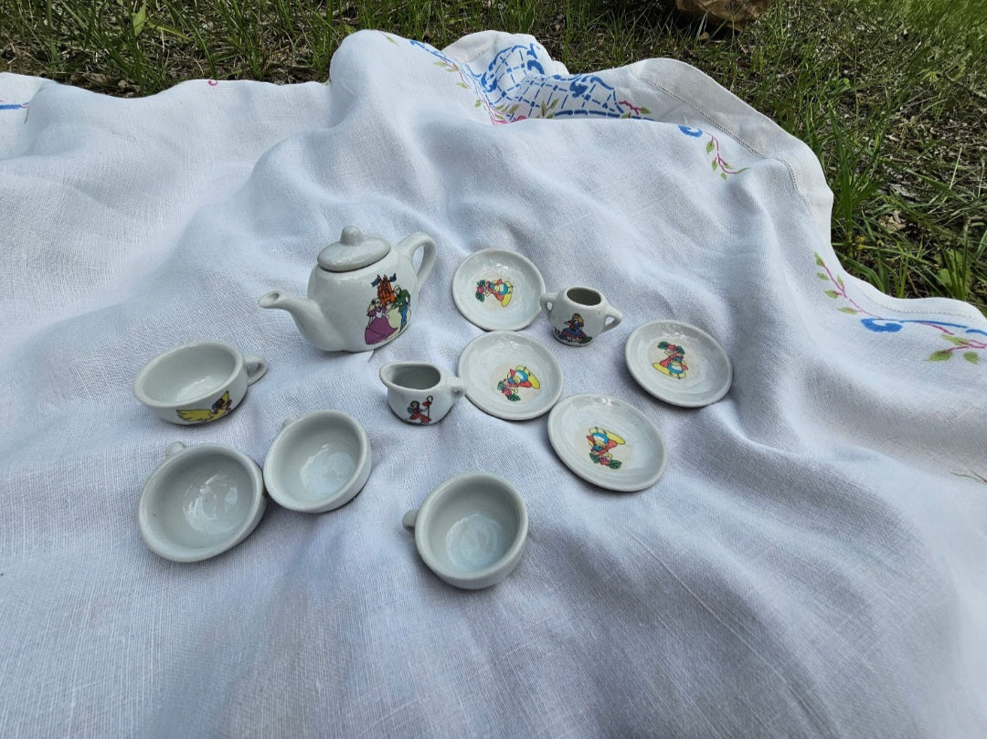 Vintage tea set ceramic child fairytale gift imaginative play tea party princess Bo Peep Red Riding Hood Alice Mother Goose set of 12