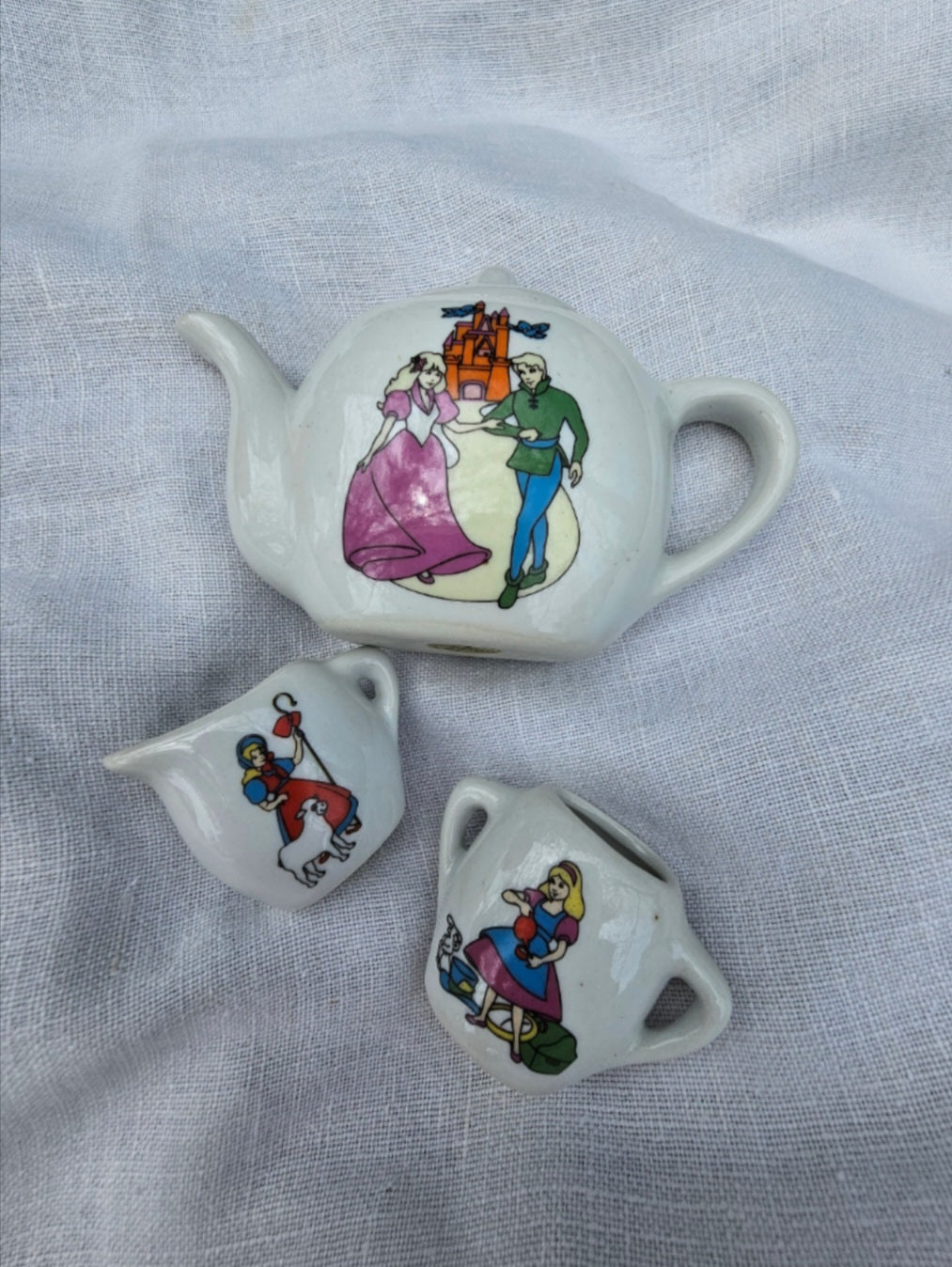 Vintage tea set ceramic child fairytale gift imaginative play tea party princess Bo Peep Red Riding Hood Alice Mother Goose set of 12