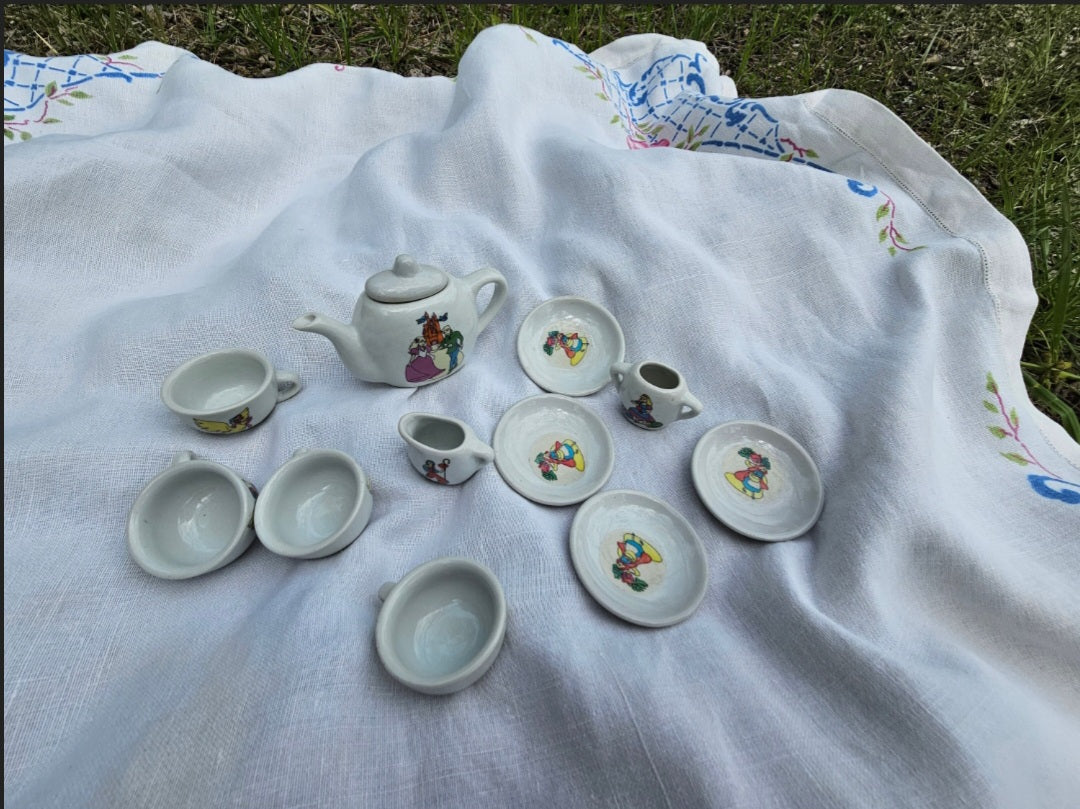 Vintage tea set ceramic child fairytale gift imaginative play tea party princess Bo Peep Red Riding Hood Alice Mother Goose set of 12