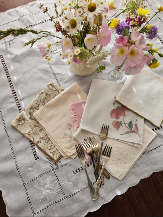 Vintage napkins set of 6 square mismatched color coordinated pink floral lace embroidered cottagecore whimsical country farmhouse charming granny chic shabby chic