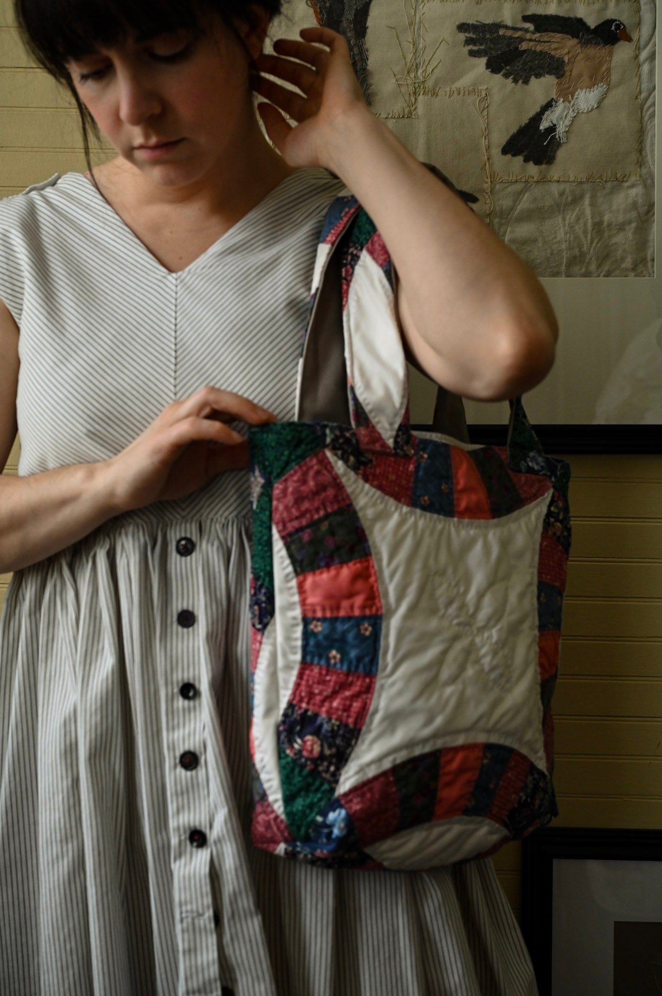 Handmade quilt tote, small market bag upcycled repurposed patchwork fully lined inside pocket pink green blue floral stripes