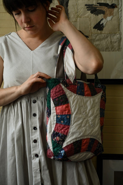 Handmade quilt tote, small market bag upcycled repurposed patchwork fully lined inside pocket pink green blue floral stripes