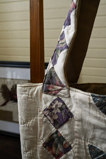 Handmade quilt tote, small market bag upcycled repurposed patchwork fully lined inside pocket pink purple green floral vines