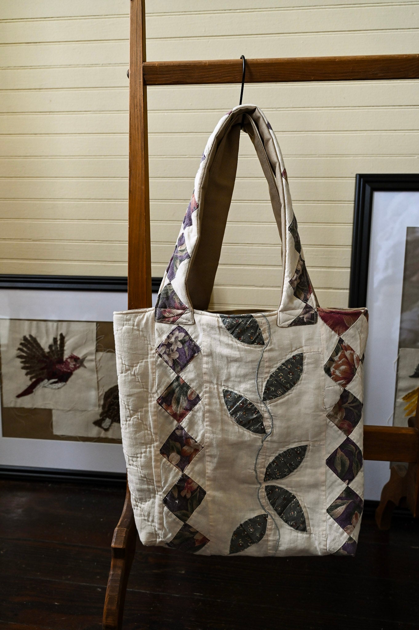 Handmade quilt tote, small market bag upcycled repurposed patchwork fully lined inside pocket pink purple green floral vines
