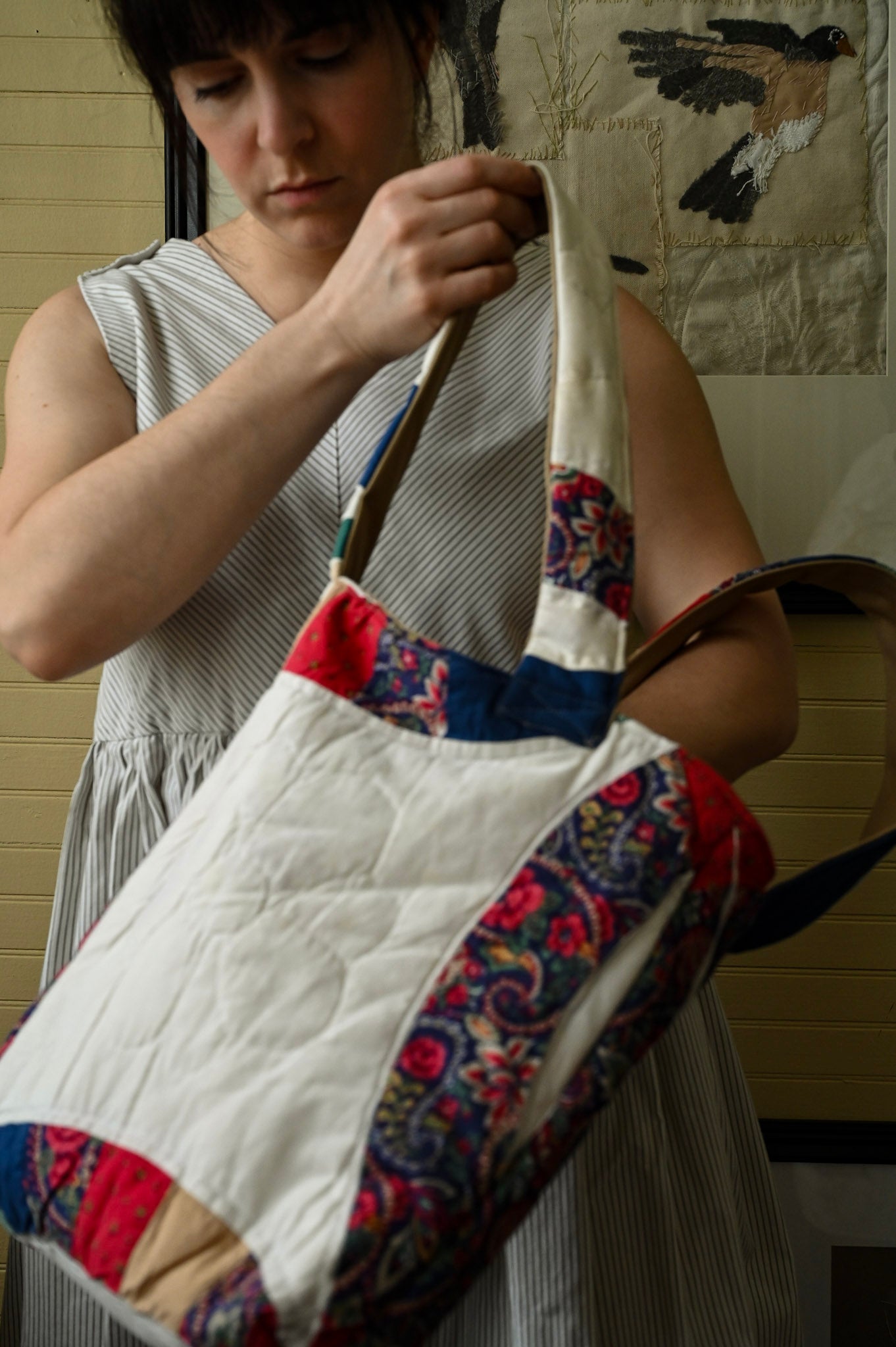 Handmade quilt tote, small market bag upcycled repurposed patchwork fully lined inside pocket red blue tan floral ring