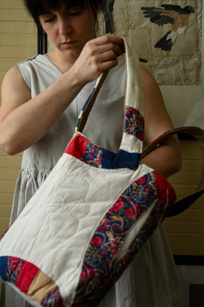 Handmade quilt tote, small market bag upcycled repurposed patchwork fully lined inside pocket red blue tan floral ring